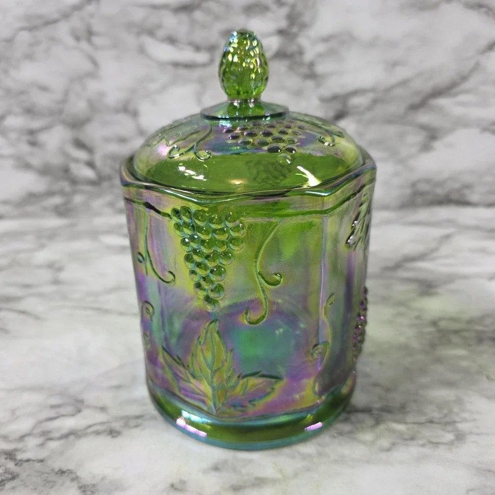 Indiana Glass Green Iridescent Carnival Glass Harvest Grape Canister w/Lid